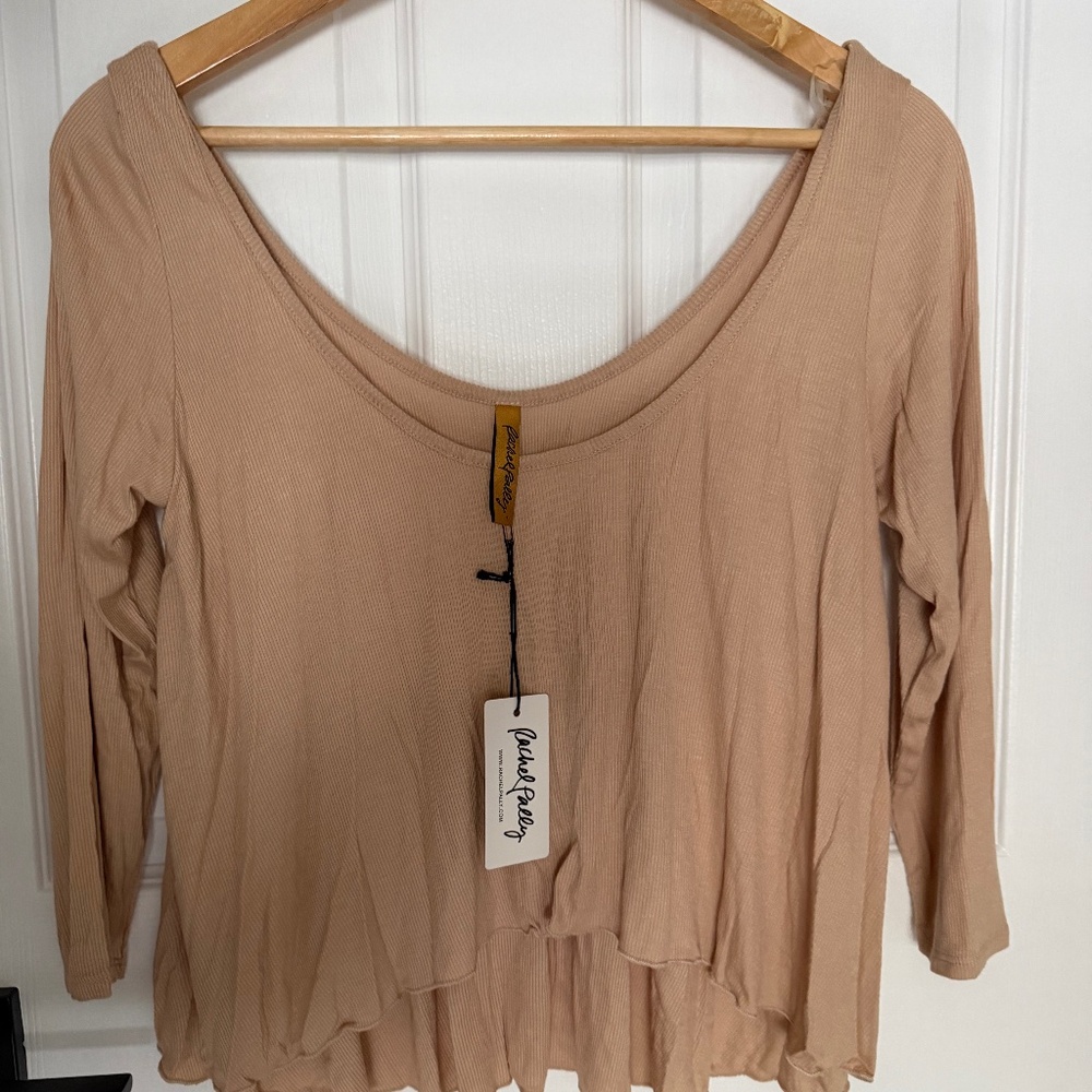 Rachel Pally ribbed 3/4 sleeve cropped top in Beige.